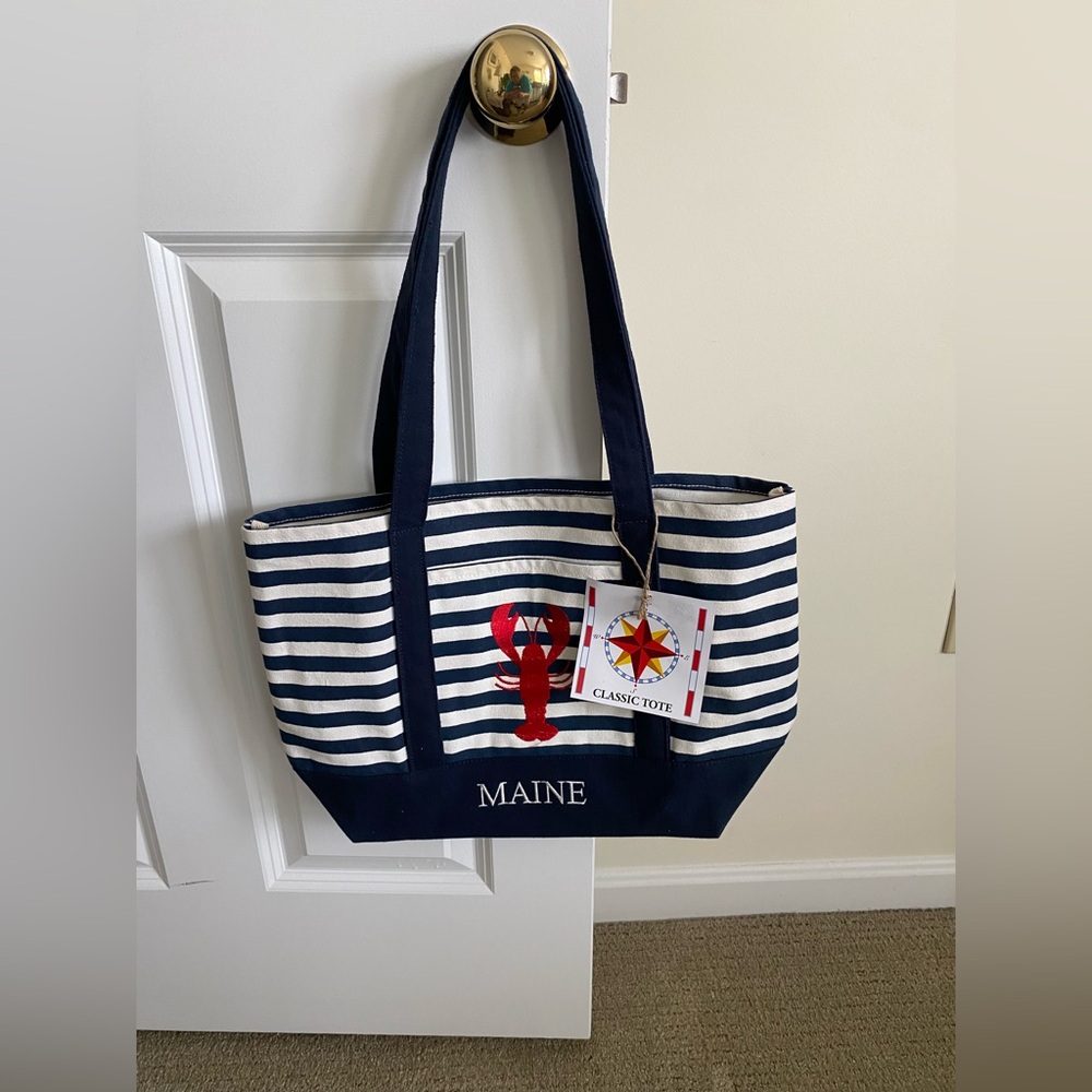 Classic Canvas Maine Navy and Cream Striped Lobster Medium Tote Bag